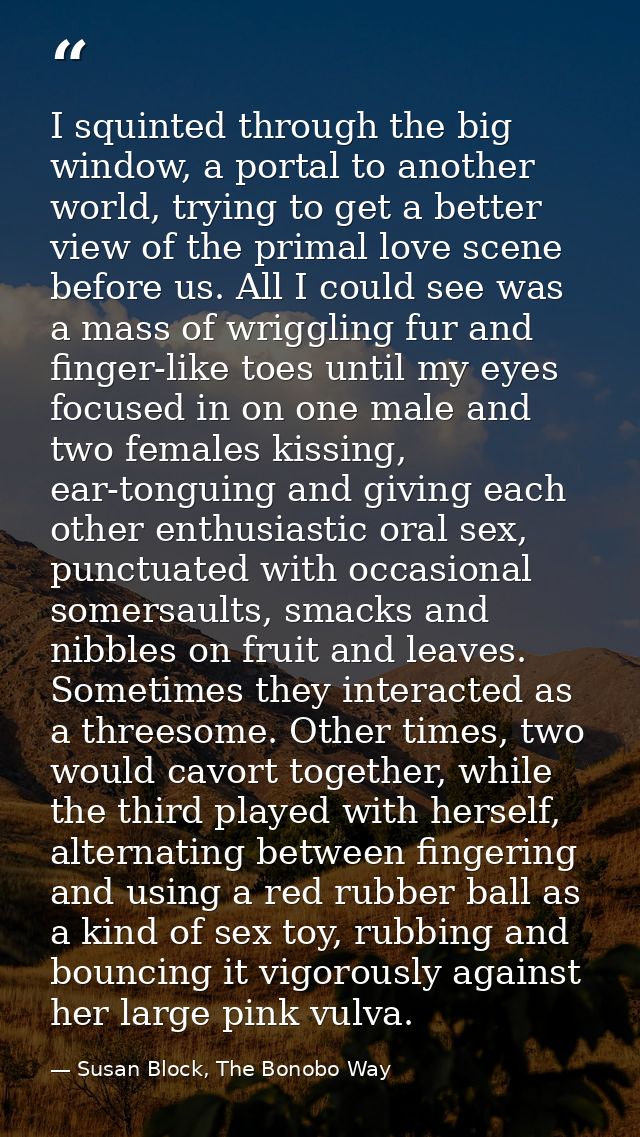I squinted through the big window, a portal to another world, trying to get a better view of the primal love scene befor — Susan Block, The Bonobo Way