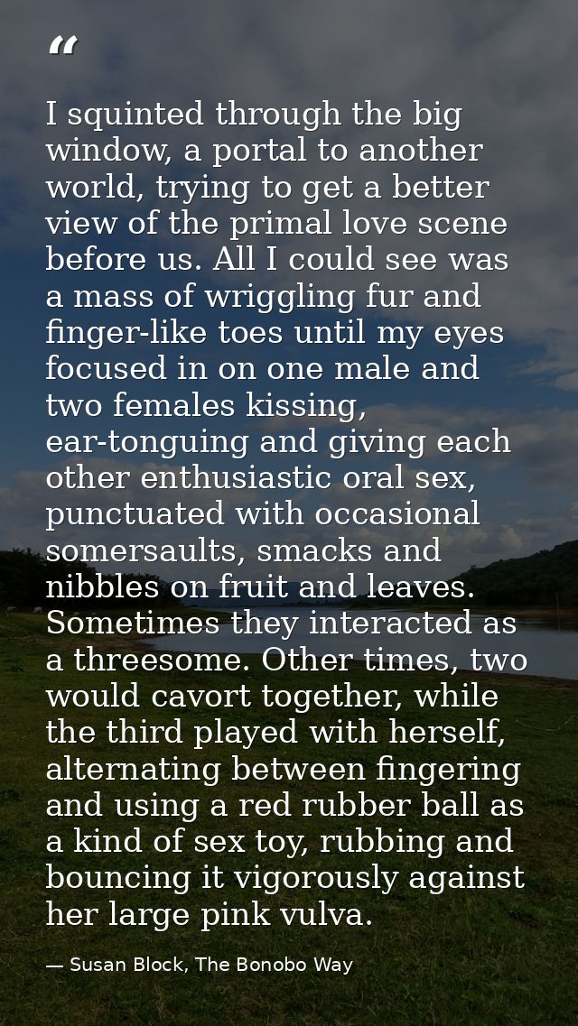I squinted through the big window, a portal to another world, trying to get a better view of the primal love scene befor — Susan Block, The Bonobo Way
