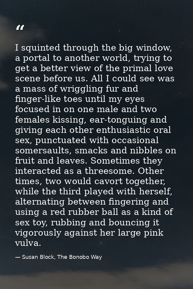 I squinted through the big window, a portal to another world, trying to get a better view of the primal love scene befor — Susan Block, The Bonobo Way