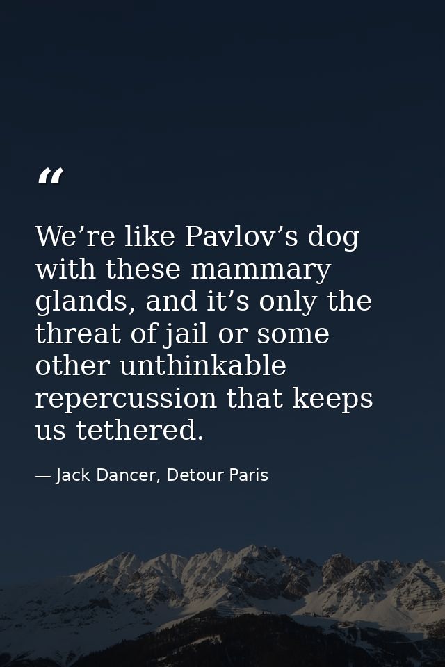 We’re like Pavlov’s dog with these mammary glands, and it’s only the threat of jail or some other unthinkable repercussi — Jack Dancer, Detour Paris