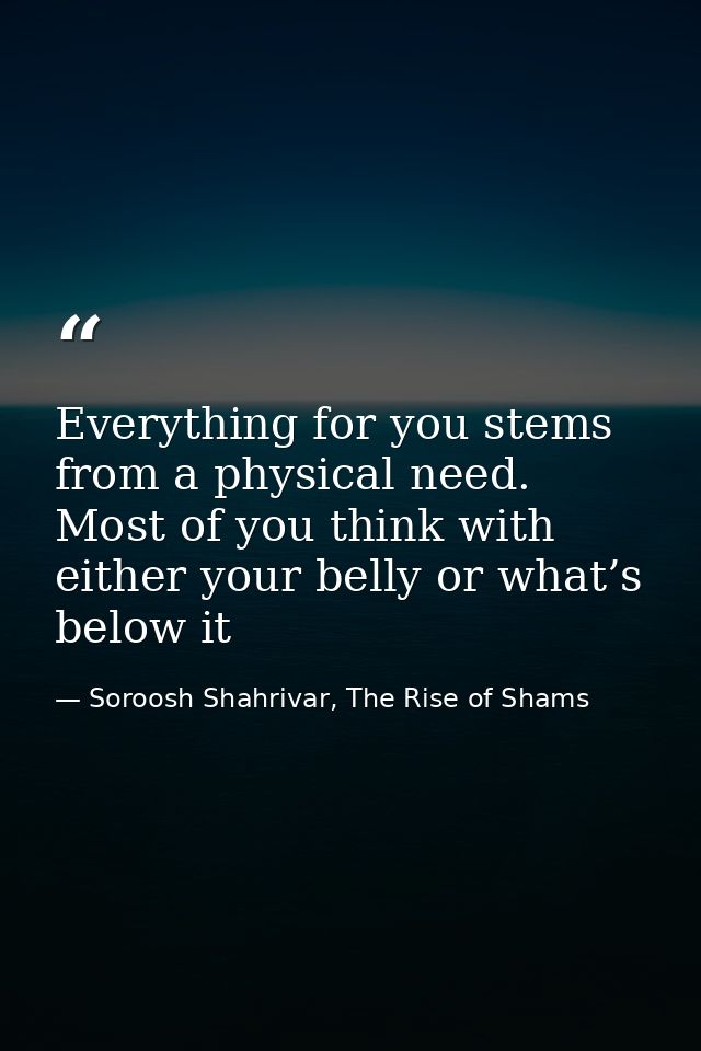 Everything for you stems from a physical need. Most of you think with either your belly or what’s below it — Soroosh Shahrivar, The Rise of Shams