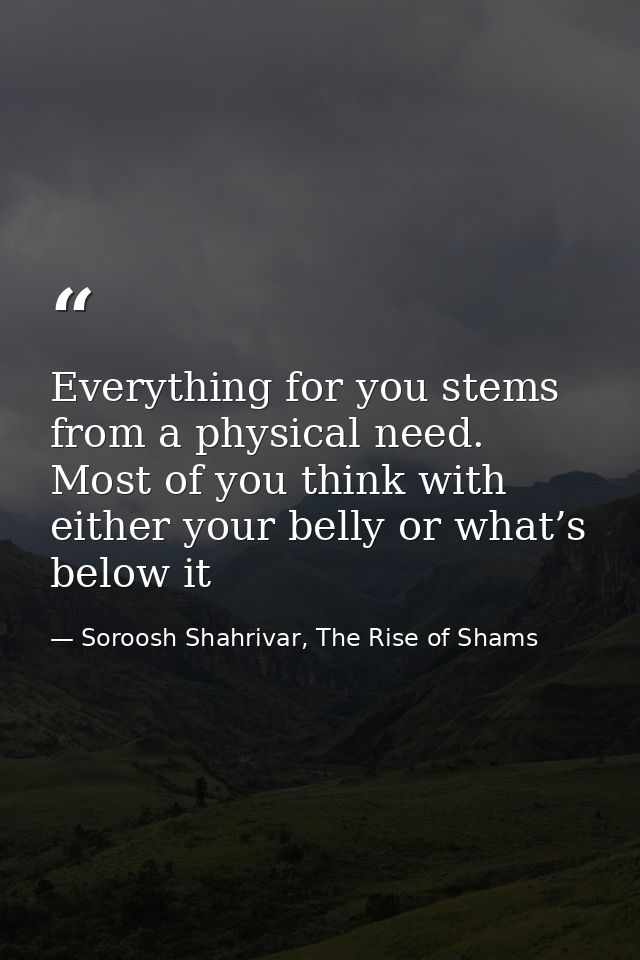 Everything for you stems from a physical need. Most of you think with either your belly or what’s below it — Soroosh Shahrivar, The Rise of Shams