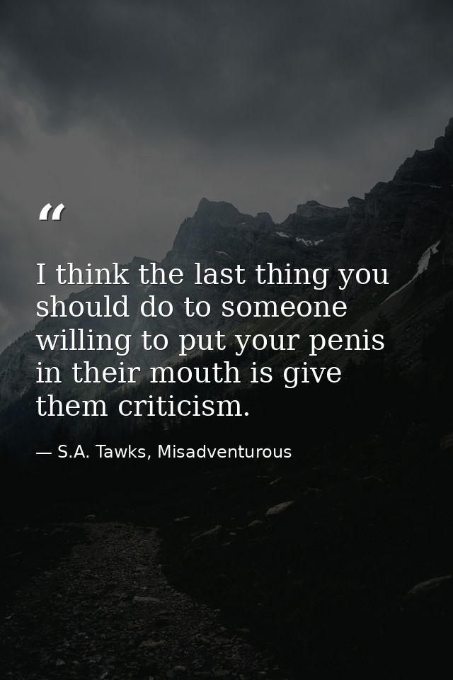 I think the last thing you should do to someone willing to put your penis in their mouth is give them criticism. — S.A. Tawks, Misadventurous