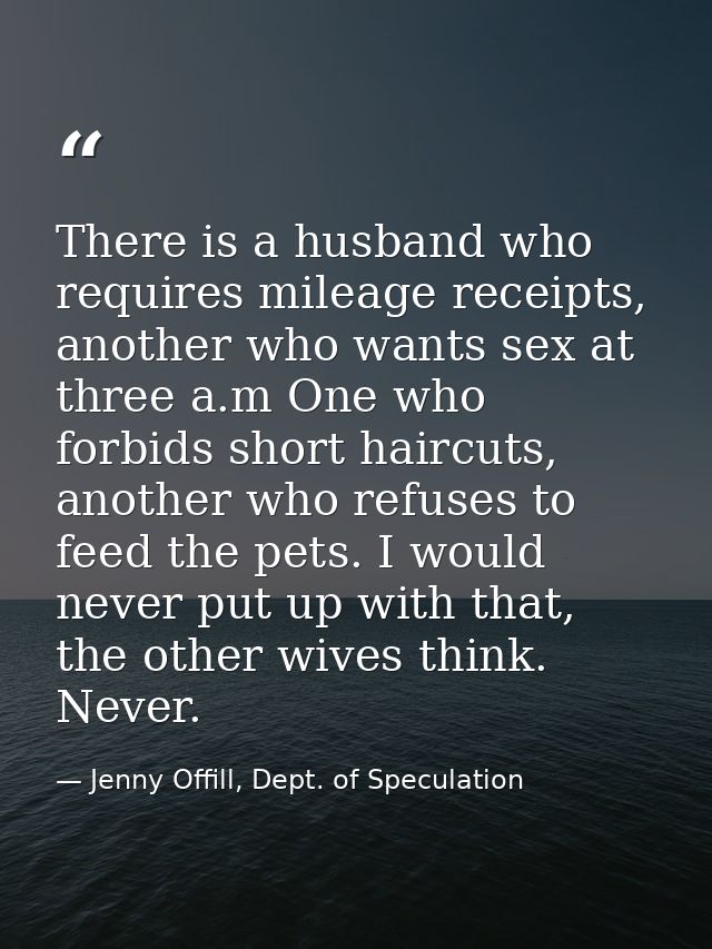There is a husband who requires mileage receipts, another who wants sex at three a.m One who forbids short haircuts, ano — Jenny Offill, Dept. of Speculation