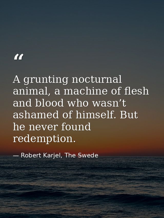 A grunting nocturnal animal, a machine of flesh and blood who wasn’t ashamed of himself. But he never found redemption. — Robert Karjel, The Swede