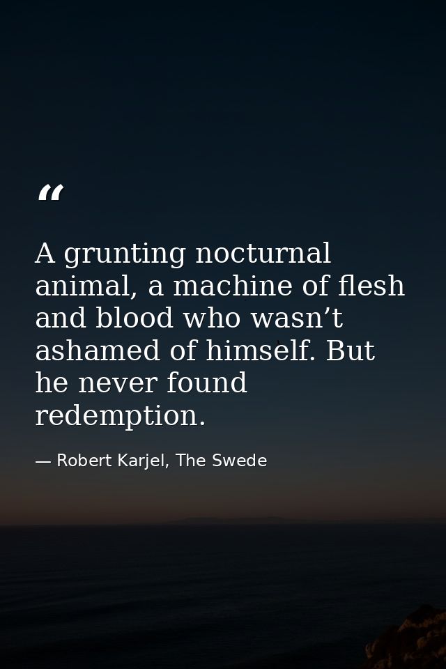 A grunting nocturnal animal, a machine of flesh and blood who wasn’t ashamed of himself. But he never found redemption. — Robert Karjel, The Swede
