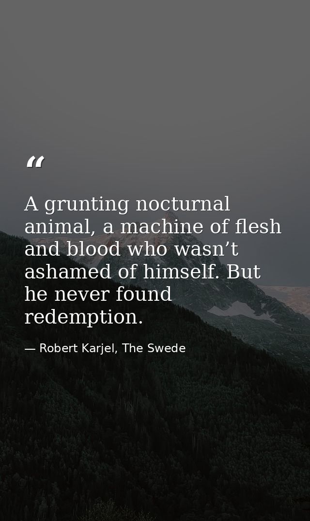 A grunting nocturnal animal, a machine of flesh and blood who wasn’t ashamed of himself. But he never found redemption. — Robert Karjel, The Swede