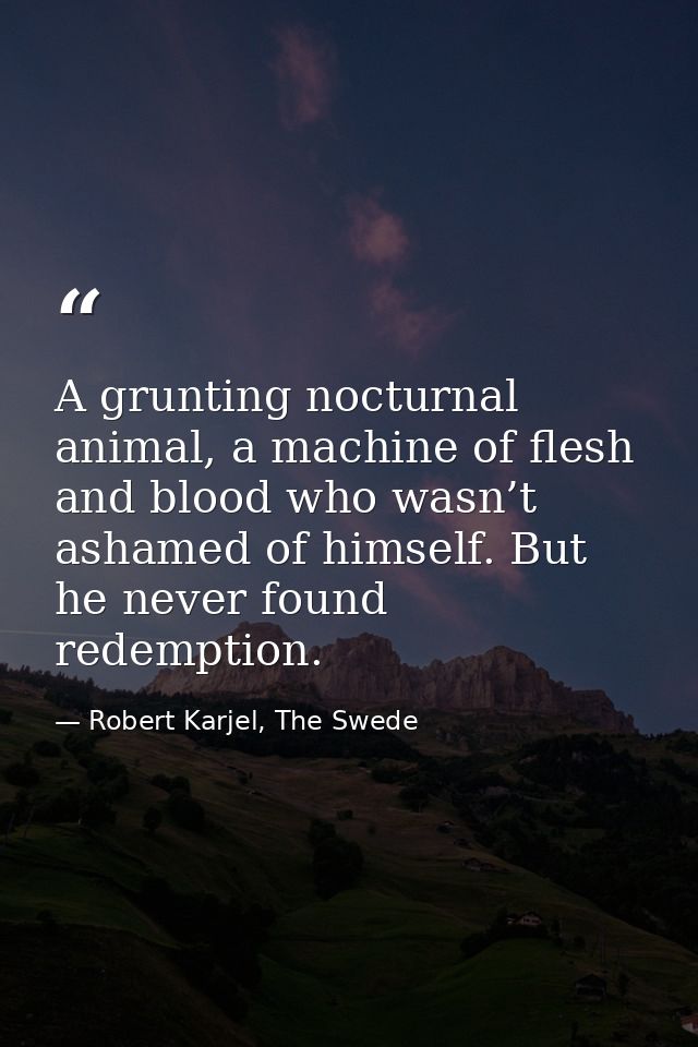 A grunting nocturnal animal, a machine of flesh and blood who wasn’t ashamed of himself. But he never found redemption. — Robert Karjel, The Swede
