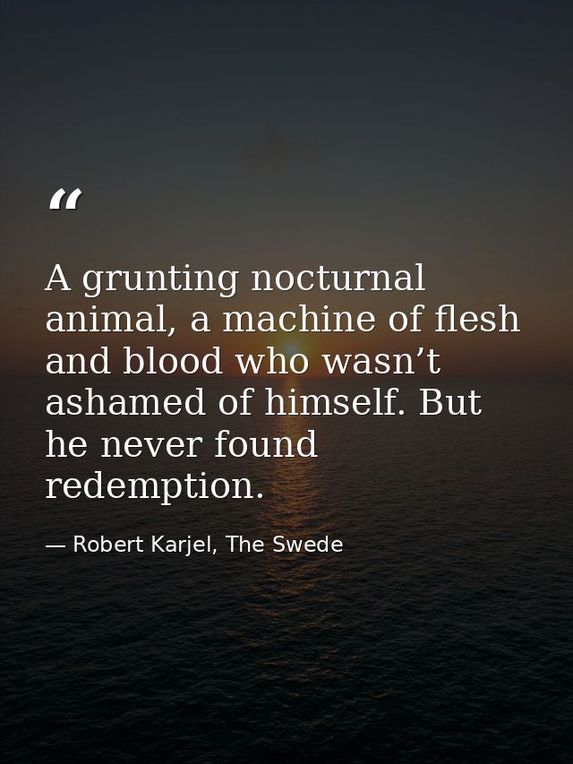 A grunting nocturnal animal, a machine of flesh and blood who wasn’t ashamed of himself. But he never found redemption. — Robert Karjel, The Swede