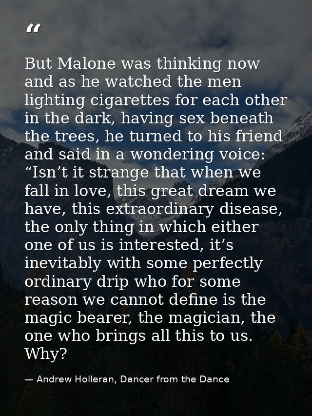 But Malone was thinking now and as he watched the men lighting cigarettes for each other in the dark, having sex beneath — Andrew Holleran, Dancer from the Dance