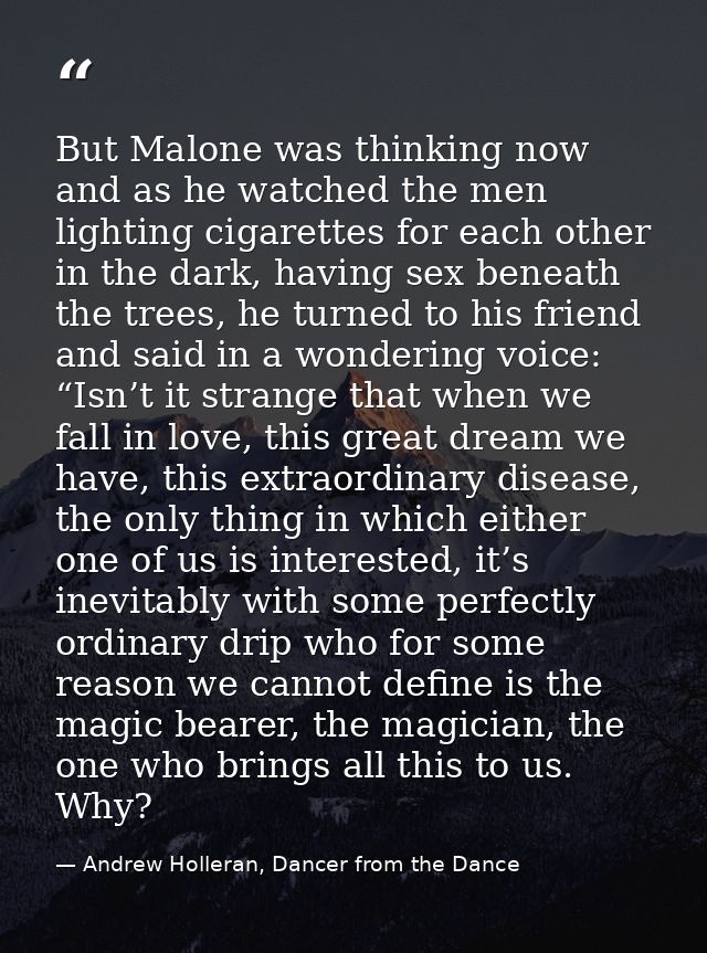 But Malone was thinking now and as he watched the men lighting cigarettes for each other in the dark, having sex beneath — Andrew Holleran, Dancer from the Dance