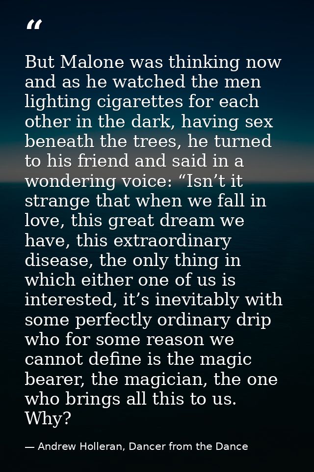 But Malone was thinking now and as he watched the men lighting cigarettes for each other in the dark, having sex beneath — Andrew Holleran, Dancer from the Dance