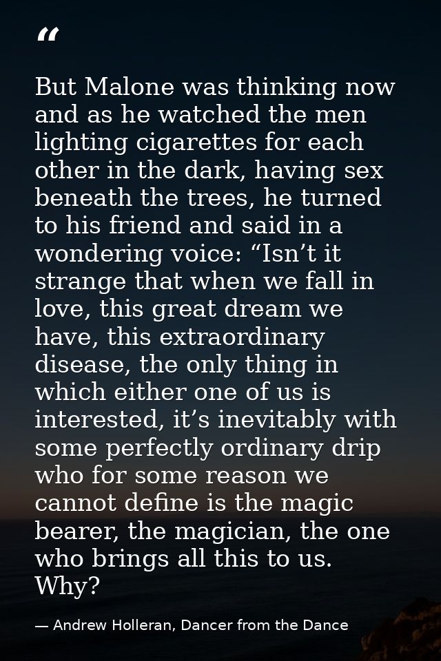 But Malone was thinking now and as he watched the men lighting cigarettes for each other in the dark, having sex beneath — Andrew Holleran, Dancer from the Dance