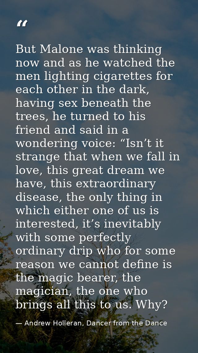 But Malone was thinking now and as he watched the men lighting cigarettes for each other in the dark, having sex beneath — Andrew Holleran, Dancer from the Dance