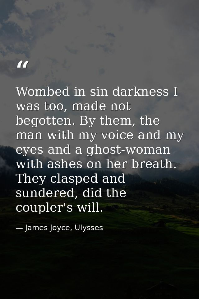Wombed in sin darkness I was too, made not begotten. By them, the man with my voice and my eyes and a ghost-woman with a — James Joyce, Ulysses