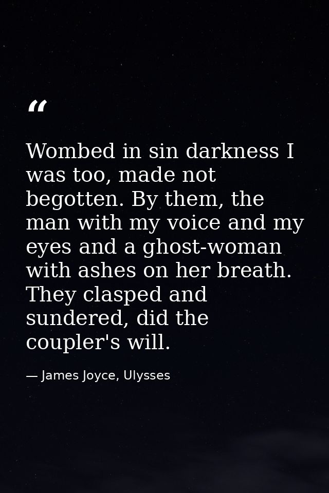 Wombed in sin darkness I was too, made not begotten. By them, the man with my voice and my eyes and a ghost-woman with a — James Joyce, Ulysses