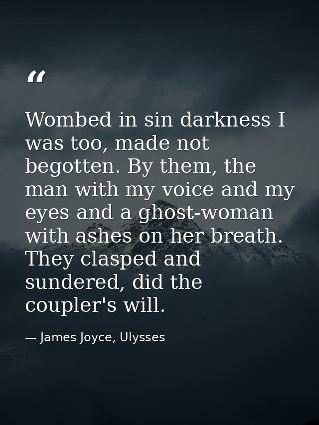 Wombed in sin darkness I was too, made not begotten. By them, the man with my voice and my eyes and a ghost-woman with a — James Joyce, Ulysses