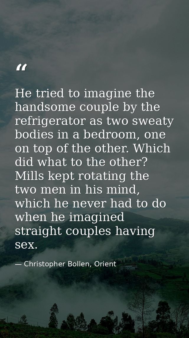 He tried to imagine the handsome couple by the refrigerator as two sweaty bodies in a bedroom, one on top of the other.  — Christopher Bollen, Orient