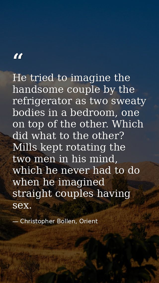 He tried to imagine the handsome couple by the refrigerator as two sweaty bodies in a bedroom, one on top of the other.  — Christopher Bollen, Orient