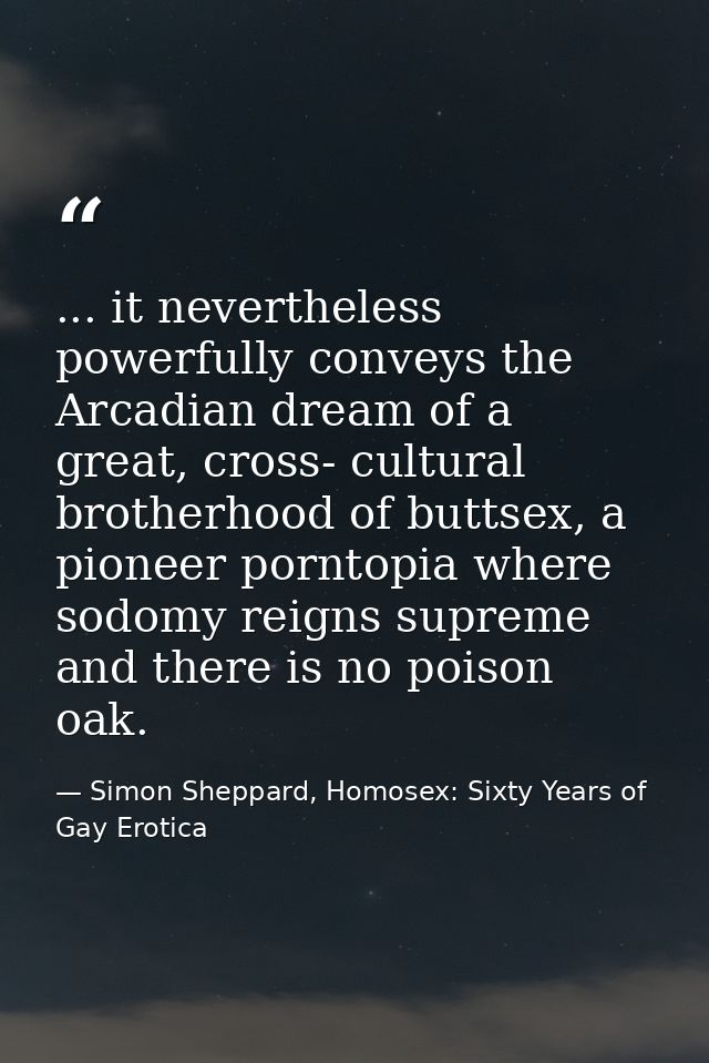 ... it nevertheless powerfully conveys the Arcadian dream of a great, cross- cultural brotherhood of buttsex, a pioneer  — Simon Sheppard, Homosex: Sixty Years of Gay Erotica