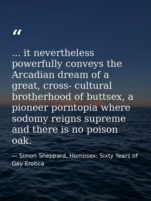 ... it nevertheless powerfully conveys the Arcadian dream of a great, cross- cultural brotherhood of buttsex, a pioneer  — Simon Sheppard, Homosex: Sixty Years of Gay Erotica