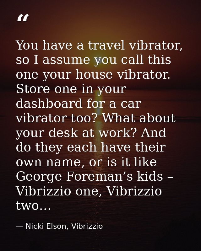 You have a travel vibrator, so I assume you call this one your house vibrator. Store one in your dashboard for a car vib — Nicki Elson, Vibrizzio