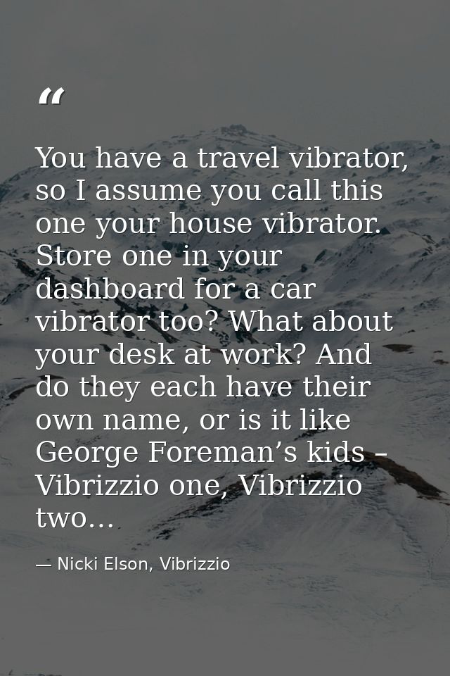 You have a travel vibrator, so I assume you call this one your house vibrator. Store one in your dashboard for a car vib — Nicki Elson, Vibrizzio