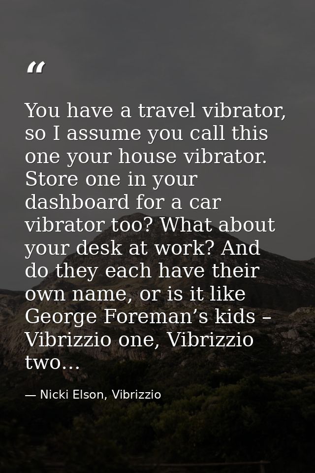 You have a travel vibrator, so I assume you call this one your house vibrator. Store one in your dashboard for a car vib — Nicki Elson, Vibrizzio