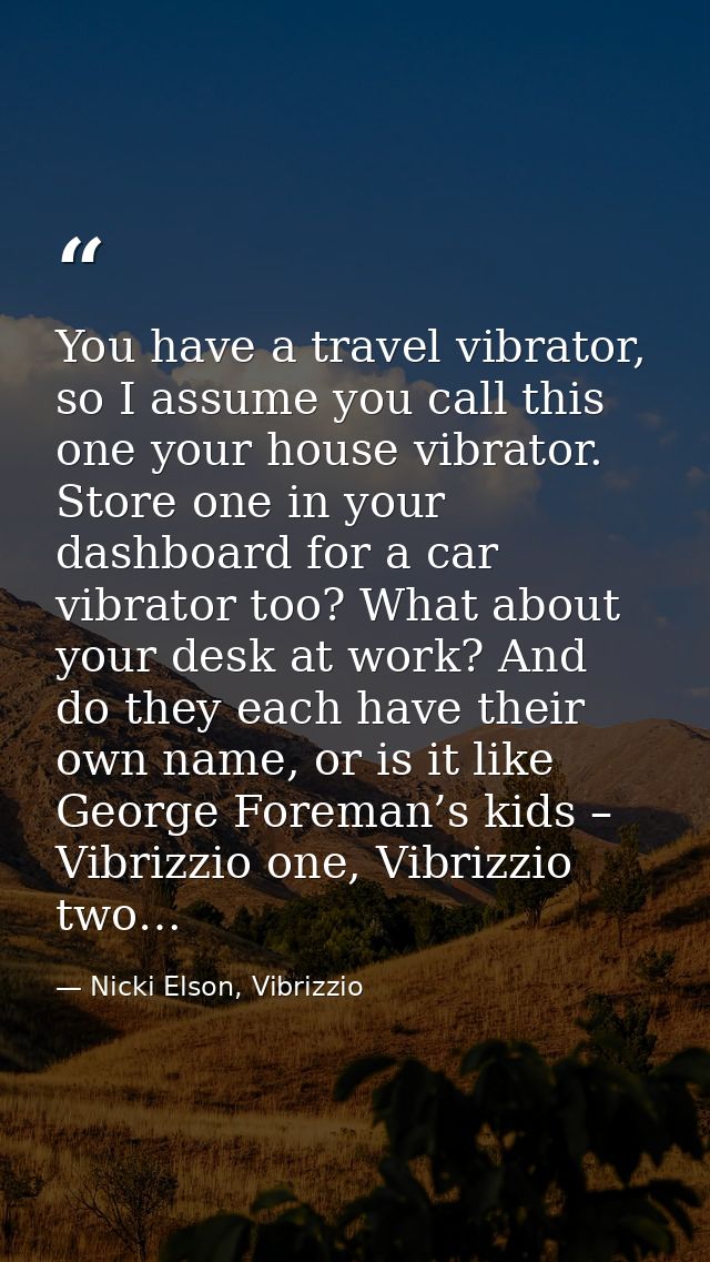 You have a travel vibrator, so I assume you call this one your house vibrator. Store one in your dashboard for a car vib — Nicki Elson, Vibrizzio
