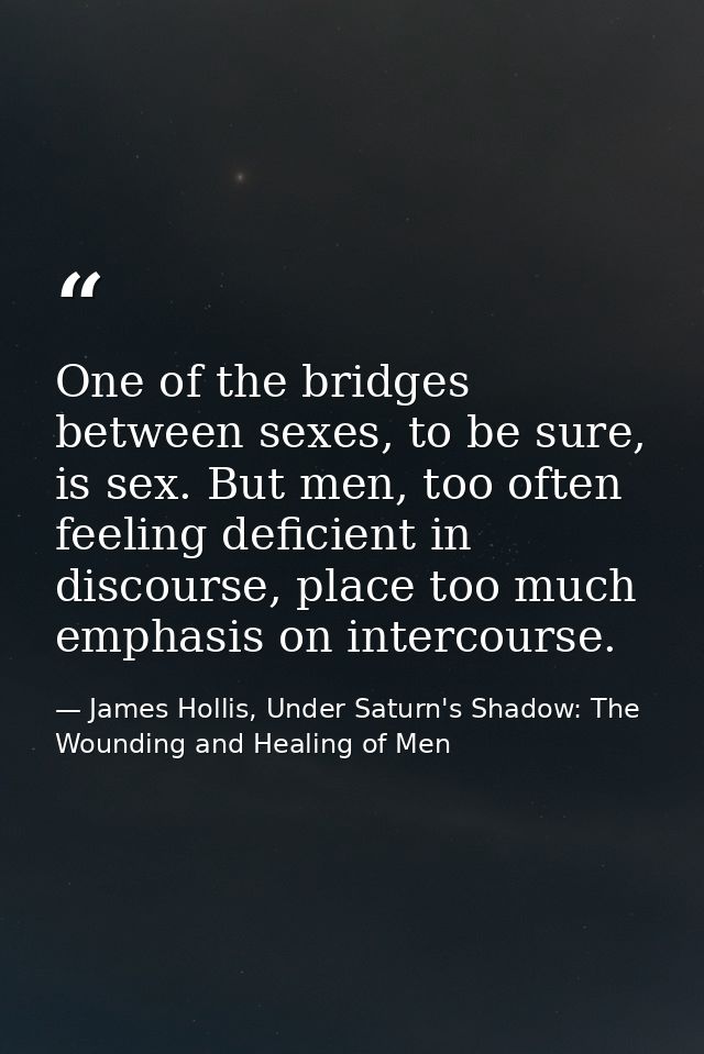 One of the bridges between sexes, to be sure, is sex. But men, too often feeling deficient in discourse, place too much  — James Hollis, Under Saturn's Shadow: The Wounding and Healing of Men