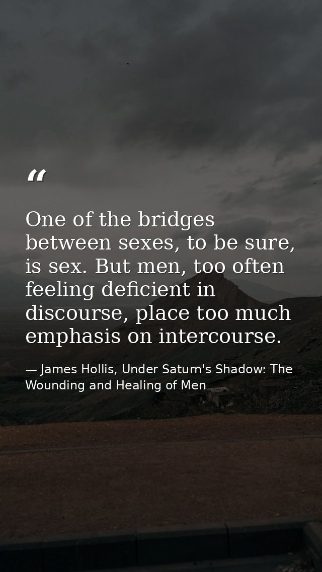 One of the bridges between sexes, to be sure, is sex. But men, too often feeling deficient in discourse, place too much  — James Hollis, Under Saturn's Shadow: The Wounding and Healing of Men