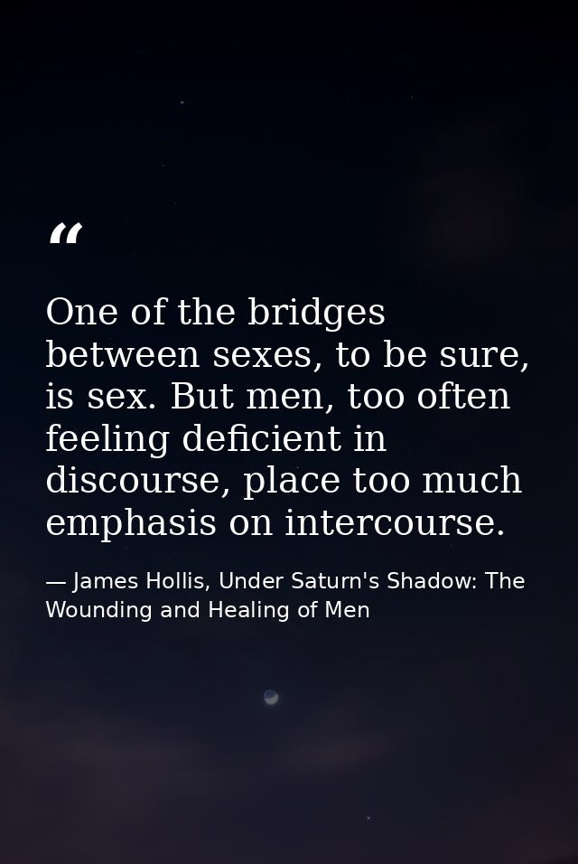 One of the bridges between sexes, to be sure, is sex. But men, too often feeling deficient in discourse, place too much  — James Hollis, Under Saturn's Shadow: The Wounding and Healing of Men