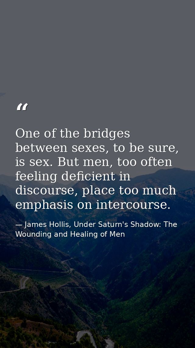 One of the bridges between sexes, to be sure, is sex. But men, too often feeling deficient in discourse, place too much  — James Hollis, Under Saturn's Shadow: The Wounding and Healing of Men