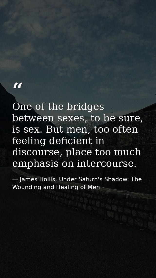 One of the bridges between sexes, to be sure, is sex. But men, too often feeling deficient in discourse, place too much  — James Hollis, Under Saturn's Shadow: The Wounding and Healing of Men