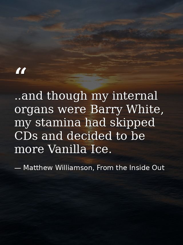 ..and though my internal organs were Barry White, my stamina had skipped CDs and decided to be more Vanilla Ice. — Matthew Williamson, From the Inside Out