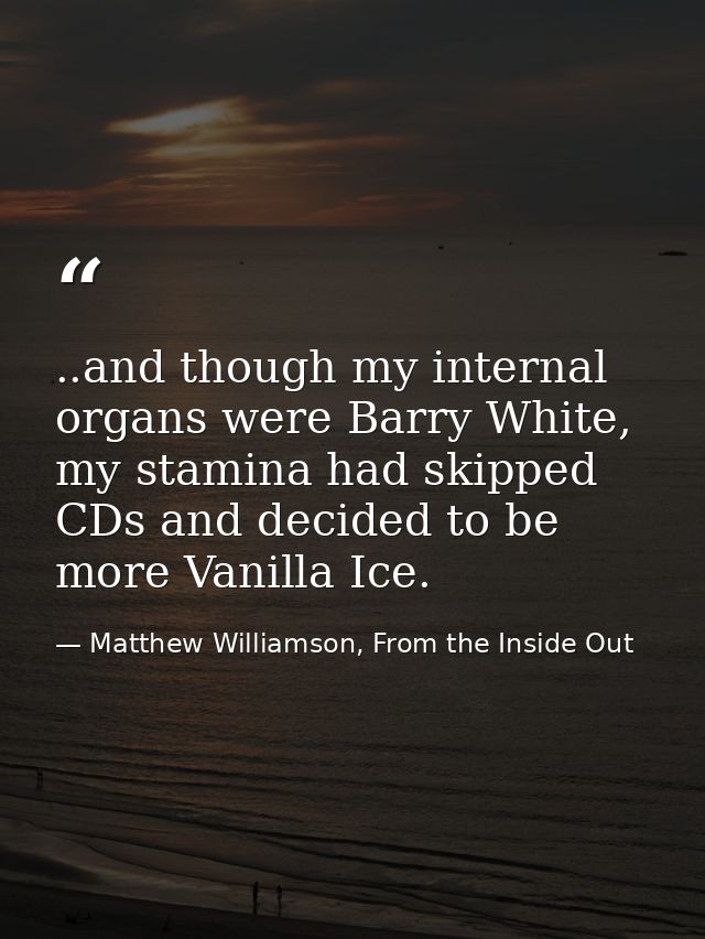 ..and though my internal organs were Barry White, my stamina had skipped CDs and decided to be more Vanilla Ice. — Matthew Williamson, From the Inside Out