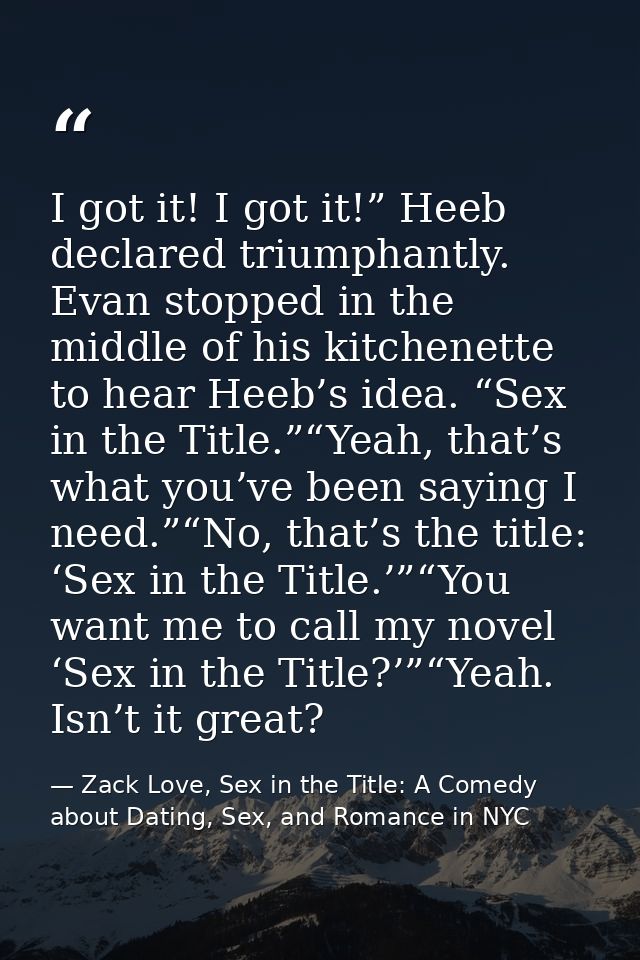 I got it! I got it!” Heeb declared triumphantly. Evan stopped in the middle of his kitchenette to hear Heeb’s idea. “Sex — Zack Love, Sex in the Title: A Comedy about Dating, Sex, and Romance in NYC