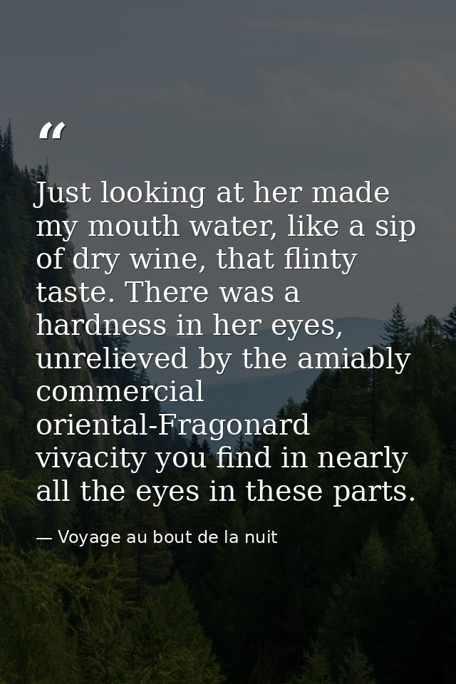 Just looking at her made my mouth water, like a sip of dry wine, that flinty taste. There was a hardness in her eyes, un — Voyage au bout de la nuit