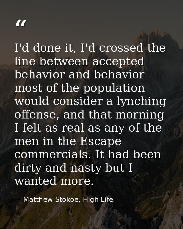 I'd done it, I'd crossed the line between accepted behavior and behavior most of the population would consider a lynchin — Matthew Stokoe, High Life