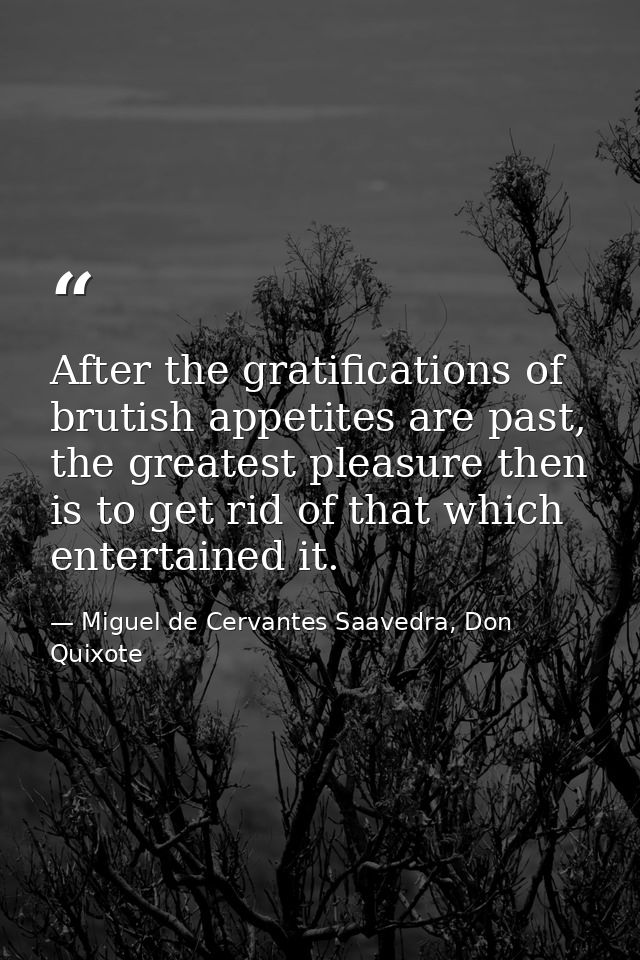 After the gratifications of brutish appetites are past, the greatest pleasure then is to get rid of that which entertain — Miguel de Cervantes Saavedra, Don Quixote