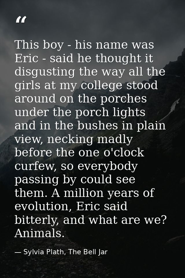 This boy - his name was Eric - said he thought it disgusting the way all the girls at my college stood around on the por — Sylvia Plath, The Bell Jar