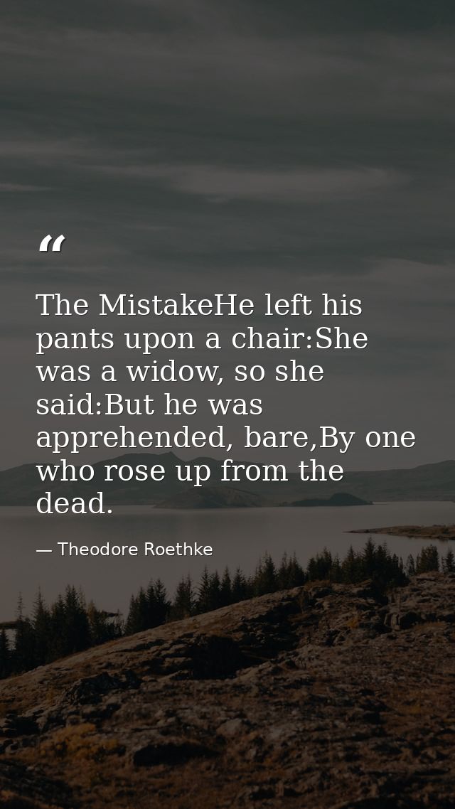 The MistakeHe left his pants upon a chair:She was a widow, so she said:But he was apprehended, bare,By one who rose up f — Theodore Roethke