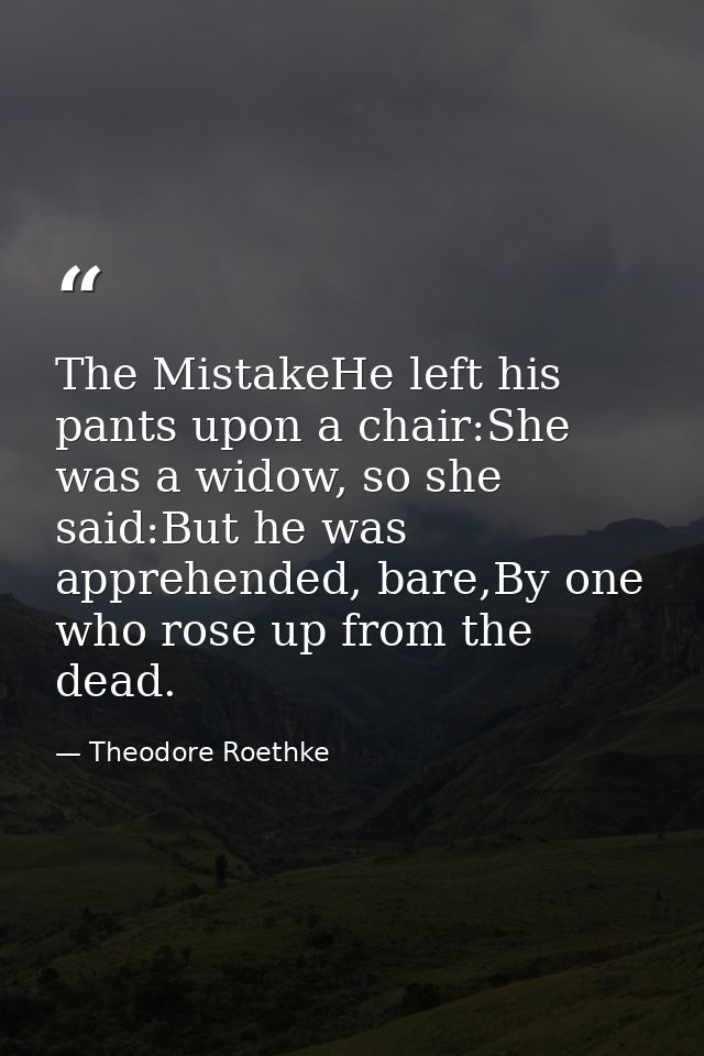 The MistakeHe left his pants upon a chair:She was a widow, so she said:But he was apprehended, bare,By one who rose up f — Theodore Roethke
