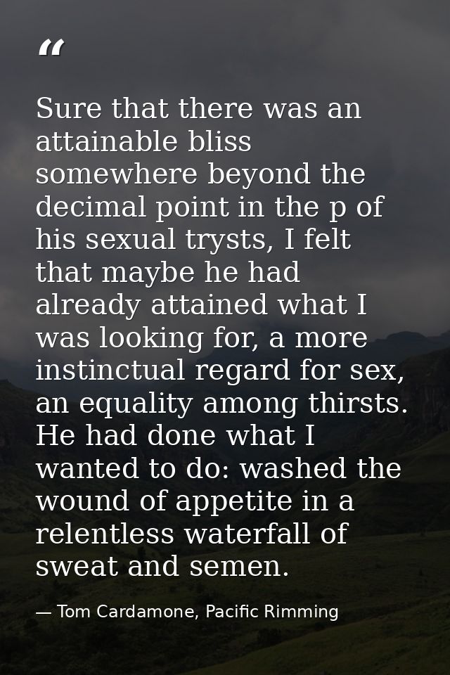 Sure that there was an attainable bliss somewhere beyond the decimal point in the p of his sexual trysts, I felt that ma — Tom Cardamone, Pacific Rimming