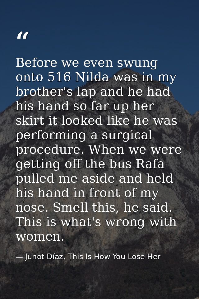 Before we even swung onto 516 Nilda was in my brother's lap and he had his hand so far up her skirt it looked like he wa — Junot Díaz, This Is How You Lose Her