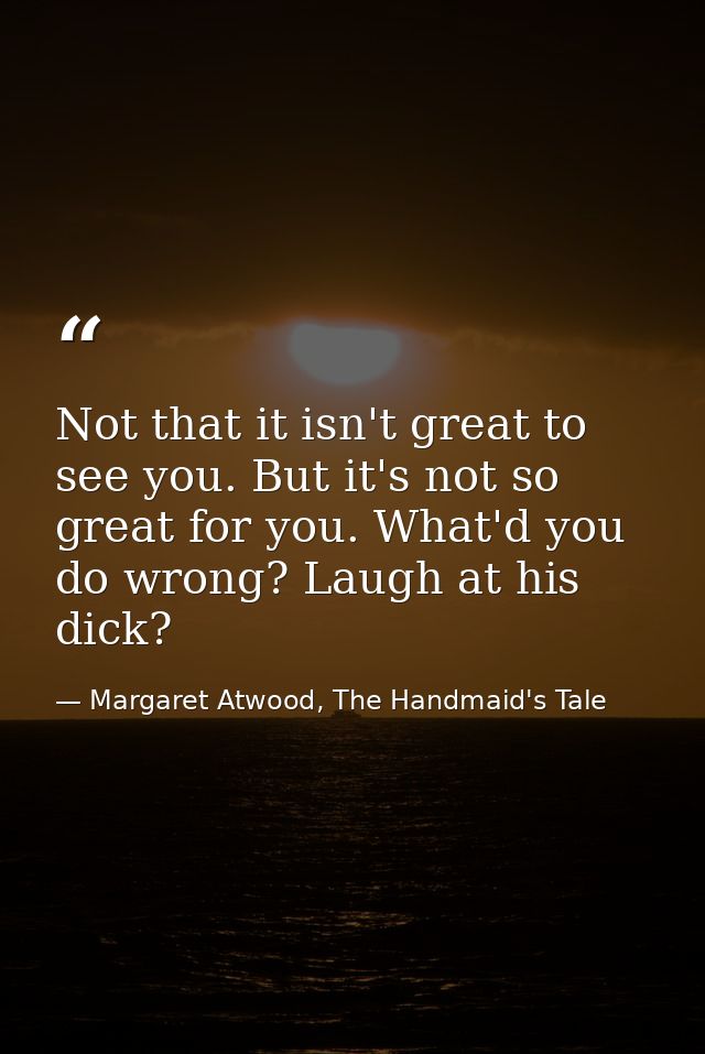 Not that it isn't great to see you. But it's not so great for you. What'd you do wrong? Laugh at his dick? — Margaret Atwood, The Handmaid's Tale