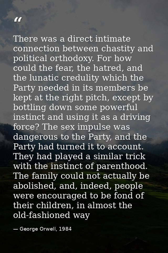 There was a direct intimate connection between chastity and political orthodoxy. For how could the fear, the hatred, and — George Orwell, 1984