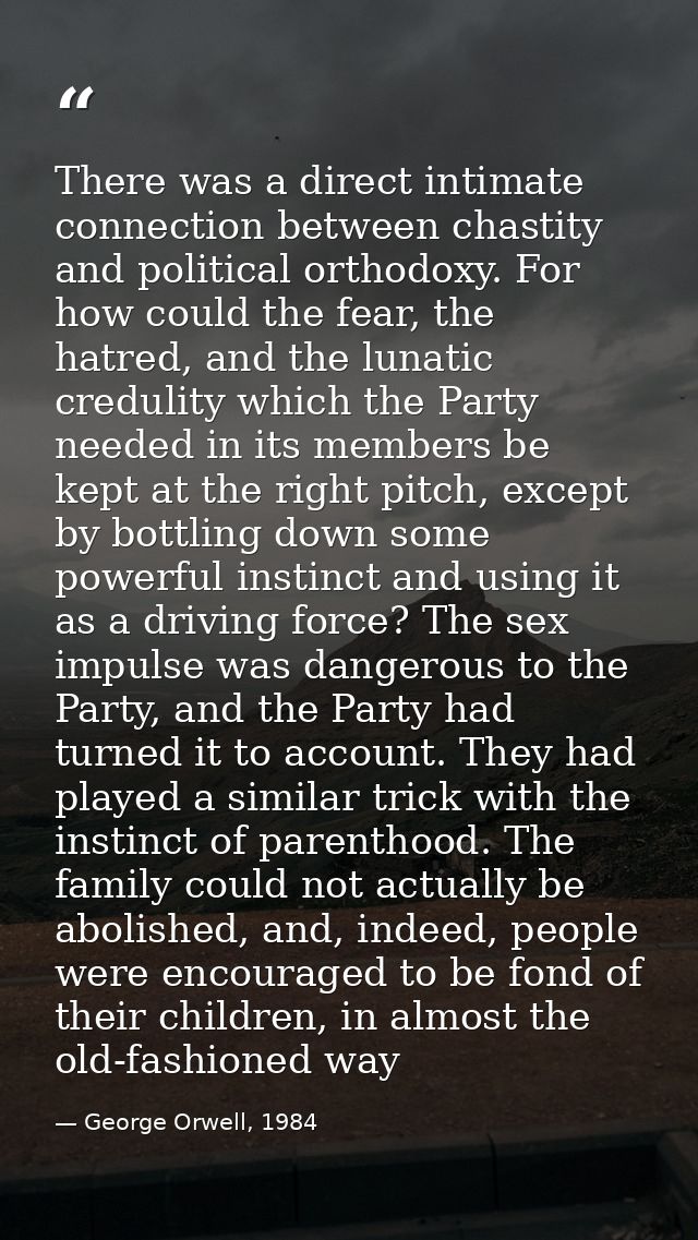 There was a direct intimate connection between chastity and political orthodoxy. For how could the fear, the hatred, and — George Orwell, 1984