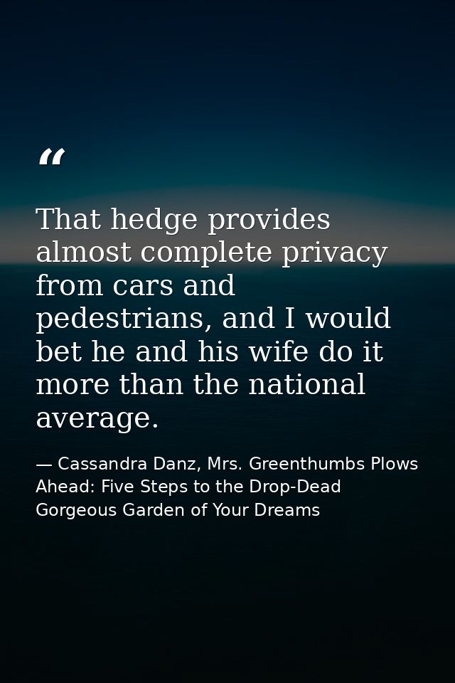 That hedge provides almost complete privacy from cars and pedestrians, and I would bet he and his wife do it more than t — Cassandra Danz, Mrs. Greenthumbs Plows Ahead: Five Steps to the Drop-Dead Gorgeous Garden of Your Dreams