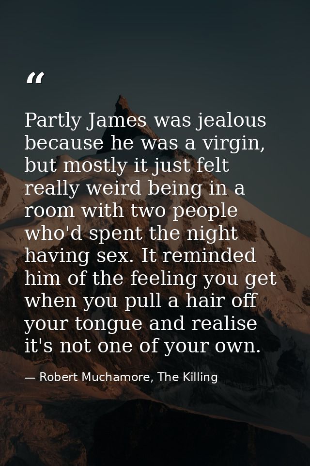 Partly James was jealous because he was a virgin, but mostly it just felt really weird being in a room with two people w — Robert Muchamore, The Killing